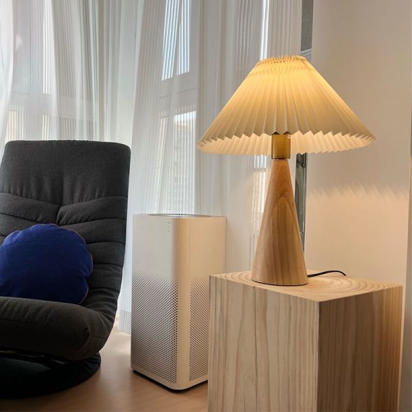 Japanese Minimalist Vintage Pleated Wooden Fabric LED Table Lamp - Image 9