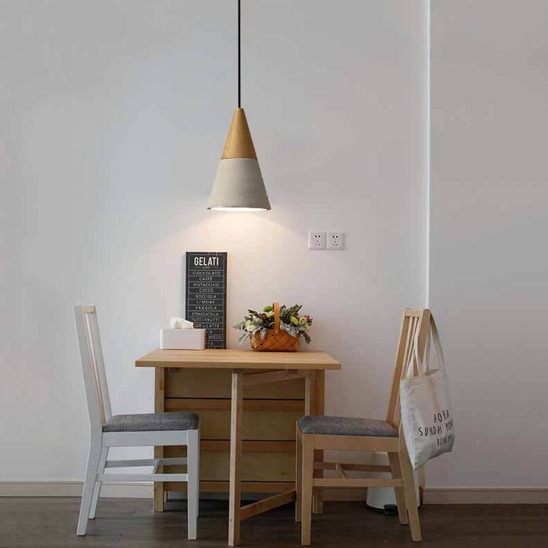 04-3c77b162-bd6e-4f9a-a307-2e8301a07e5f.jpg Contemporary Industrial Round Cone Triangle Cement Rubber Wood 1-Light Pendant Light For Living Room - Image 1
