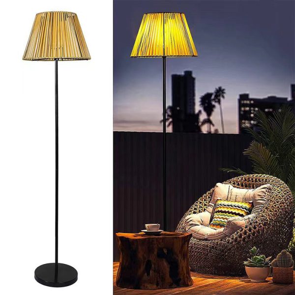 Traditional Farmhouse Waterproof Solar Trapezoidal Handmade Woven Rattan LED Standing Floor Lamp For Garden - Image 6