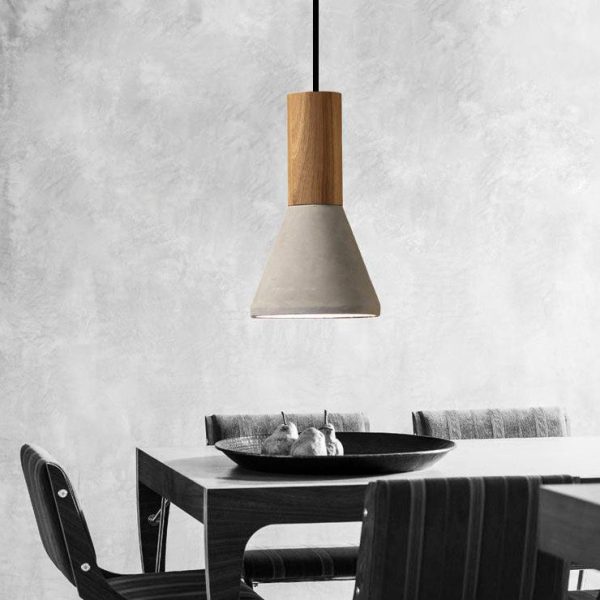 Contemporary Industrial Round Cone Triangle Cement Rubber Wood 1-Light Pendant Light For Living Room - Image 9