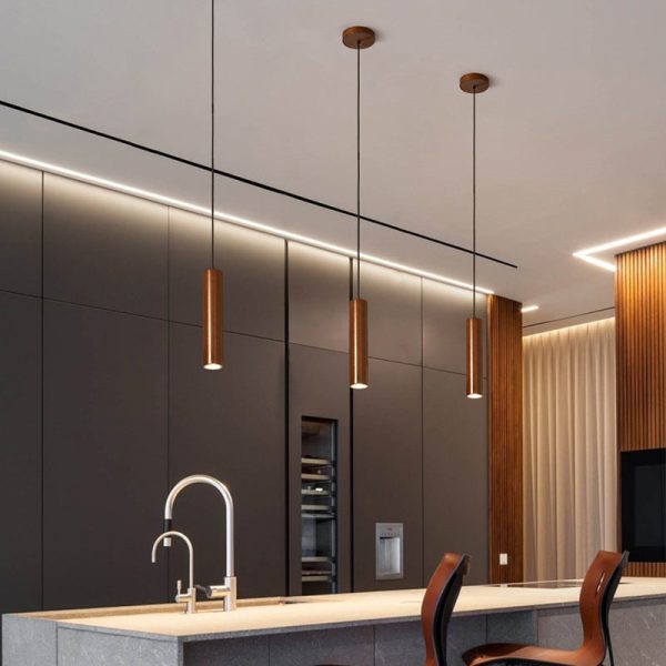 Modern Minimalist Rubberwood Cylinder Spotlight LED Pendant Light For Bedroom - Image 2