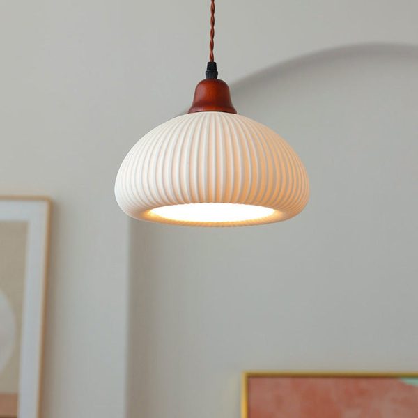 Japanese Vintage Pleated Ceramic Round Dome Wood 1-Light Pendant Light - Image 3
