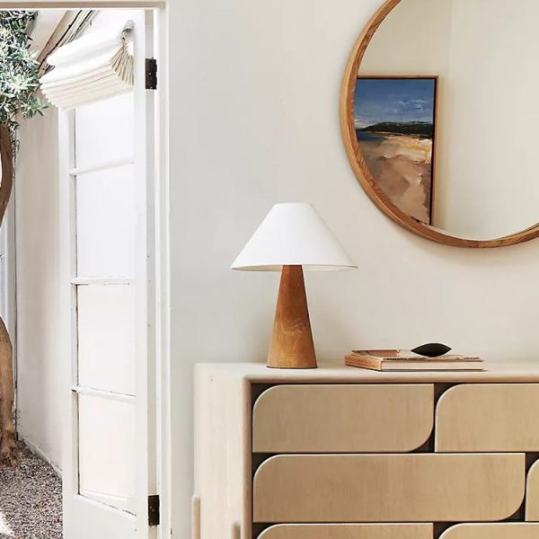 Traditional Japanese Vintage Cone Fabric Wood Base 1-Light Table Lamp For Bedroom - Image 3