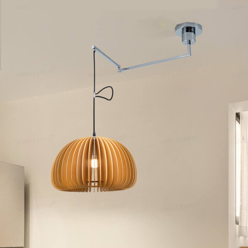 04-64cb8ea4-242e-46b6-93cd-43917e8cdeb7.jpg Japanese Minimalist Wooden Pumpkin Swing Arm 1-Light Pendant Light - Image 1