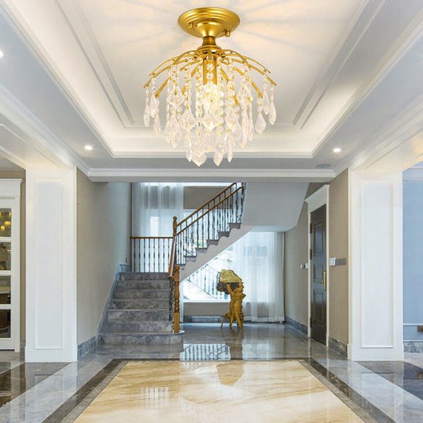 Scandinavian Modern Round Iron Crystal 1-Light Semi-Flush Mount Ceiling Light - Image 4