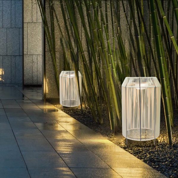 Traditional Chinese Solar Waterproof Cylindrical PE Rattan LED Standing Floor Lamp For Outdoor Patio - Image 5