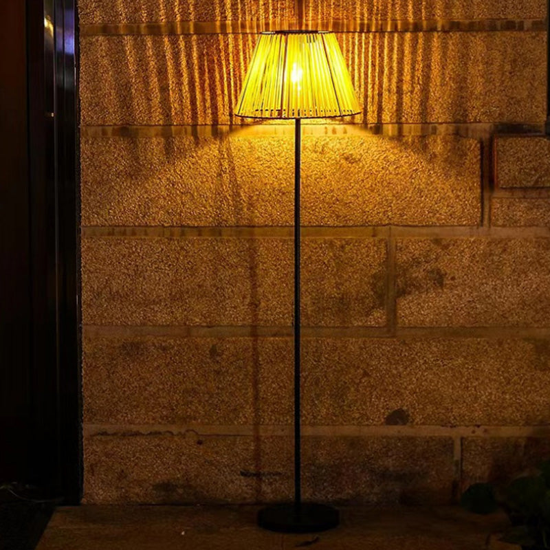 04-733381e3-ca0e-415f-9f0e-4de536812da3.jpg Traditional Farmhouse Waterproof Solar Trapezoidal Handmade Woven Rattan LED Standing Floor Lamp For Garden - Image 1