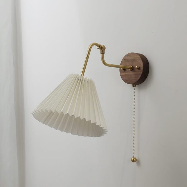 Nordic Vintage Walnut Brass Pleated Shade 1-Light Wall Sconce Lamp - Image 5