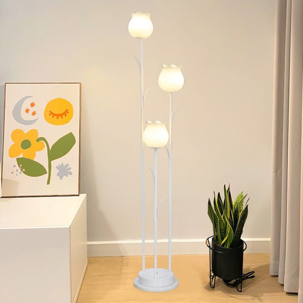 Contemporary Scandinavian Cylinder Flower Iron Glass 3-Light Standing Floor Lamp For Living Room - Image 2