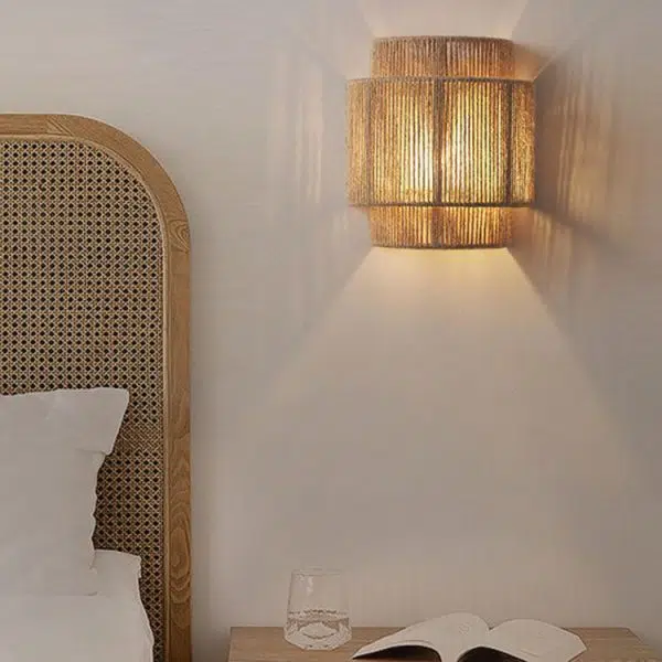 Traditional Japanese Rope Woven Curved 1-Light Wall Sconce Lamp For Living Room - Image 8