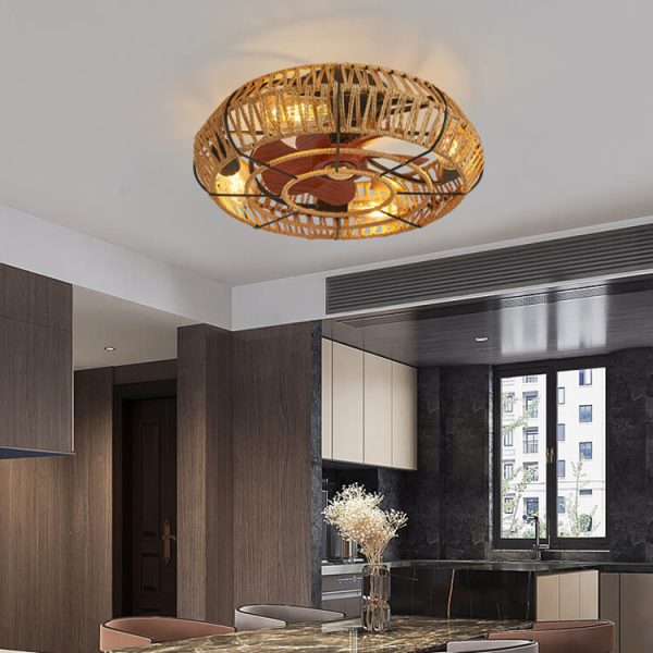 Traditional Rustic Round Drum Iron Hemp Rope 4-Light Semi-Flush Mount Ceiling Fan Light For Bedroom - Image 2