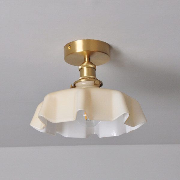 Japanese Vintage Cream Glass Floral Brass 1-Light Semi-Flush Mount Ceiling Light - Image 16