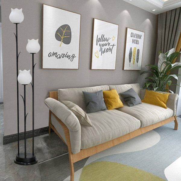 Contemporary Scandinavian Cylinder Flower Iron Glass 3-Light Standing Floor Lamp For Living Room - Image 9