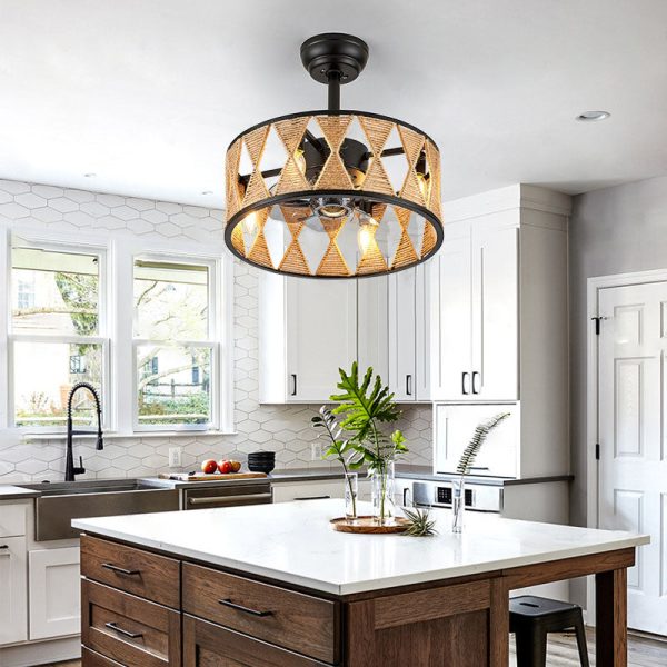 Industrial Creative Hemp Rope Cylinder 4-Light Downrods Ceiling Fan Light - Image 14