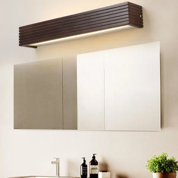 Traditional Chinese Striped Wood Cuboid LED Vanity Mirror Front Wall Sconce Lamp For Bathroom - Image 3