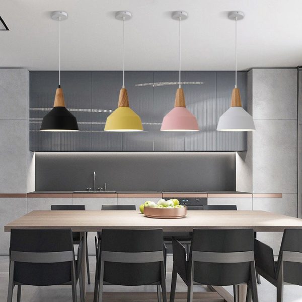 Nordic Minimalist Macaron Solid Color Aluminum Wood 1-Light Pendant Light - Image 16