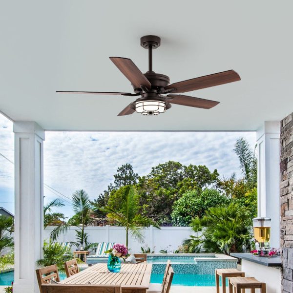 Contemporary Industrial Waterproof Wood Fan Blade Round Iron Frame Shade LED Downrods Ceiling Fan Light For Outdoor Patio - Image 3