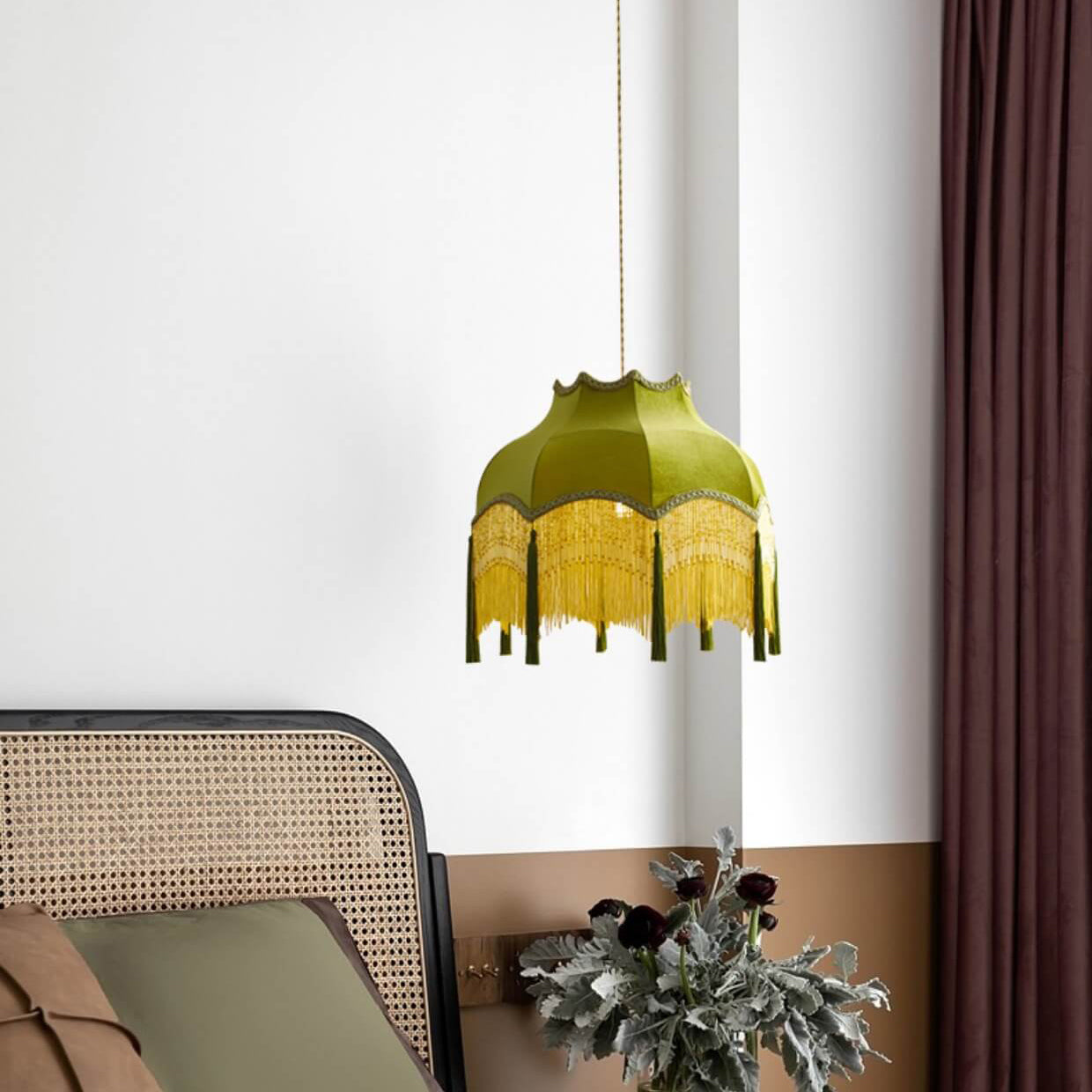 04-fe0e753a-293d-40a8-b66c-7213e3731200.jpg French Vintage Fabric Tassel Lampshade Brass 1-Light Pendant Light - Image 1