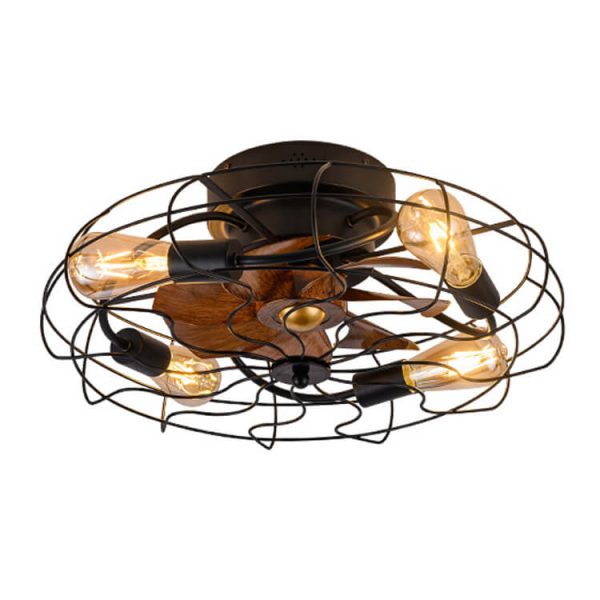 Industrial Vintage Wood Grain Drum Cage Design 3-Light Flush Mount Ceiling Fan Light - Image 10