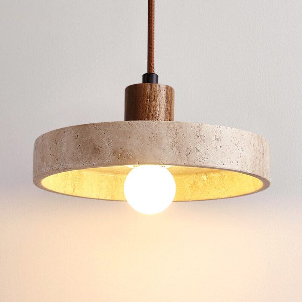 Japanese Minimalist Solid Wood Disc Yellow Travertine Base 1-Light Pendant Light - Image 3