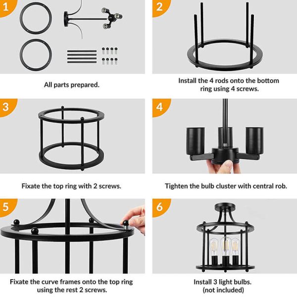 Industrial Vintage Round Drum 3-Light Semi-Flush Mount Ceiling Light - Image 9