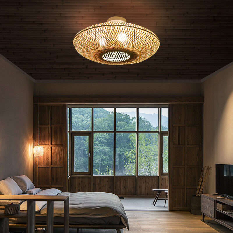 05-230f8428-9e3b-47b1-8521-e68c092779d0.jpg Japanese Bamboo Weaving Round Flying Saucer 3-Light Semi-Flush Mount Light - Image 1