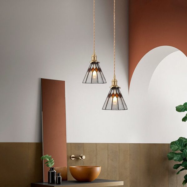 Japanese Vintage Brass Stained Glass Cone 1-Light Pendant Light - Image 21