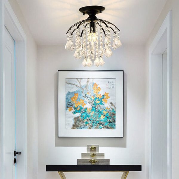 Scandinavian Modern Round Iron Crystal 1-Light Semi-Flush Mount Ceiling Light - Image 2