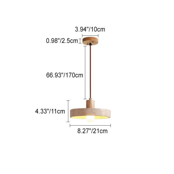 Japanese Minimalist Solid Wood Disc Yellow Travertine Base 1-Light Pendant Light - Image 4