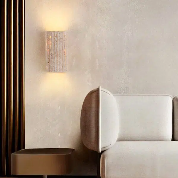 Traditional Japanese Striped Beige Travertine Semicircle LED Waterproof Wall Sconce Lamp For Living Room - Image 8