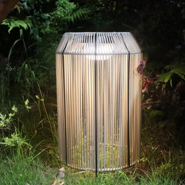 Traditional Chinese Solar Waterproof Cylindrical PE Rattan LED Standing Floor Lamp For Outdoor Patio - Image 6