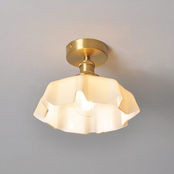 Japanese Vintage Cream Glass Floral Brass 1-Light Semi-Flush Mount Ceiling Light - Image 17