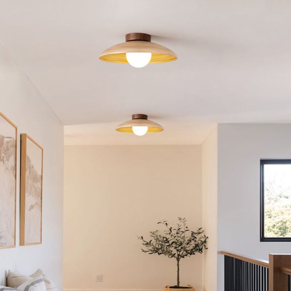 Japanese Wabi-Sabi Faux Woodgrain Flying Saucer Design 1-Light Semi-Flush Mount Ceiling Light - Image 2