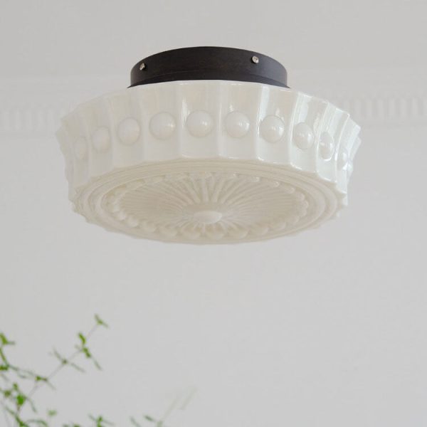 French Vintage White Jade Glass Stripes Round Drum LED Semi-Flush Mount Ceiling Light - Image 5