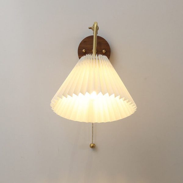 Nordic Vintage Walnut Brass Pleated Shade 1-Light Wall Sconce Lamp - Image 2