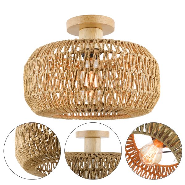 Vintage Industrial Rattan Twine Weaving Drum 1-Light Semi-Flush Mount Ceiling Light - Image 6