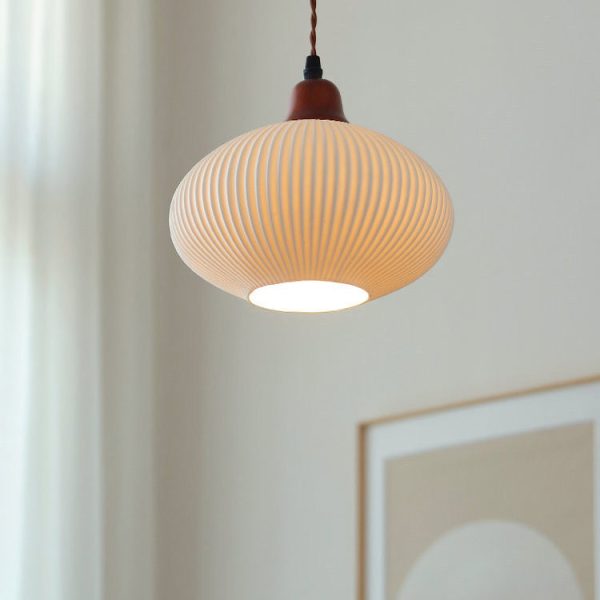 Japanese Vintage Pleated Ceramic Round Dome Wood 1-Light Pendant Light - Image 8