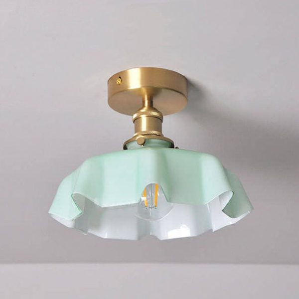 Japanese Vintage Cream Glass Floral Brass 1-Light Semi-Flush Mount Ceiling Light - Image 9