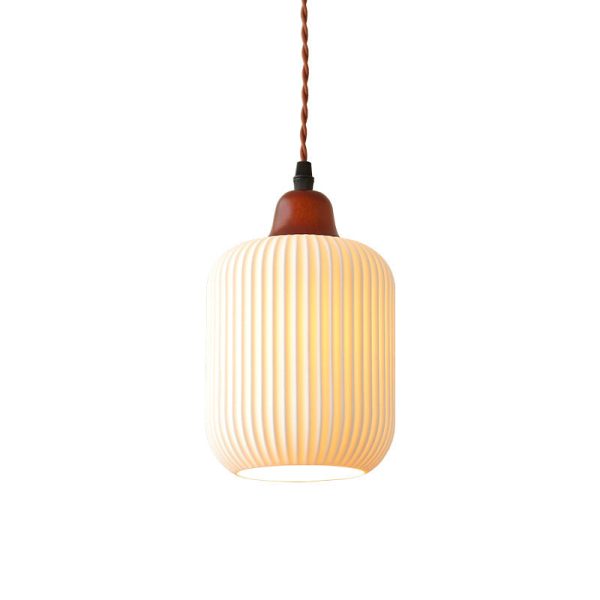 Japanese Vintage Pleated Ceramic Round Dome Wood 1-Light Pendant Light - Image 10