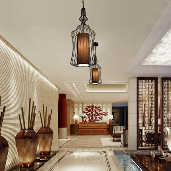 Contemporary Industrial Cage Iron Fabric 1-Light Pendant Light For Living Room - Image 3