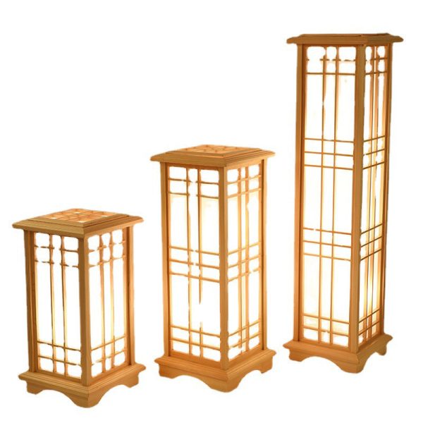 Traditional Japanese Wood Acrylic Pillar Rectangular 1/2/3 Light Standing Floor Lamp For Bedroom - Image 20