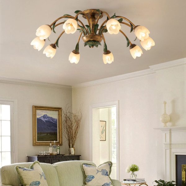 Traditional Rustic Floral Iron Glass 6/8/10 Light Semi-Flush Mount Ceiling Light For Living Room - Image 2