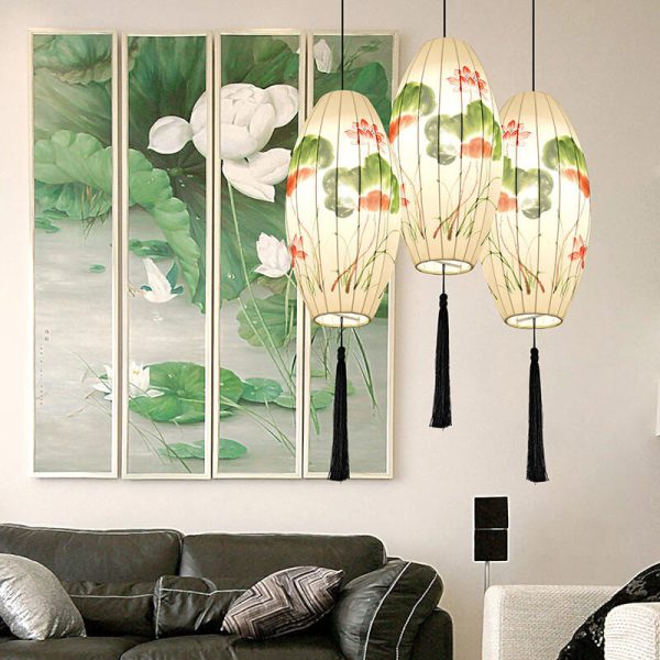 Oriental Antique Handmade Oval Lantern Fabric 1-Light Pendant Light - Image 26