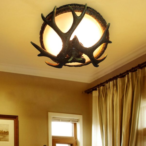 Vintage Industrial Antler Resin Glass Round  2/3/5 Light Flush Mount Ceiling Light - Image 3