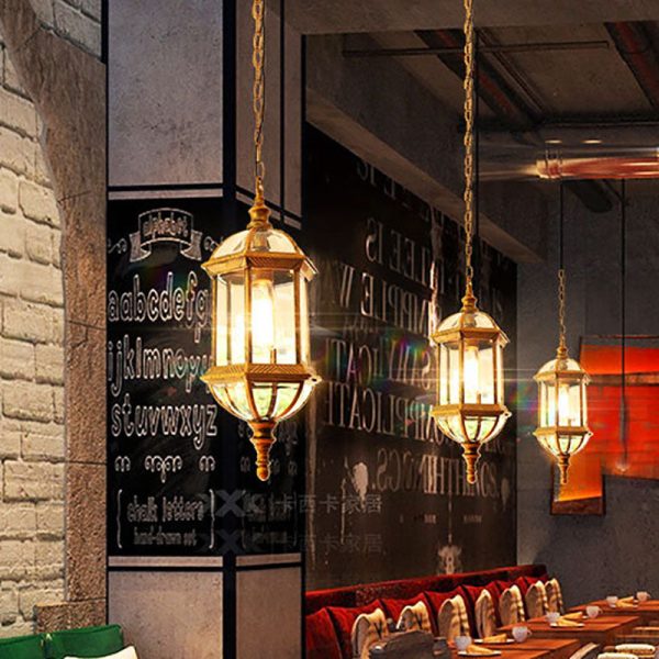 Contemporary Retro Hexagonal Lantern Glass Aluminum 1-Light Waterproof Pendant Light For Outdoor Patio - Image 17