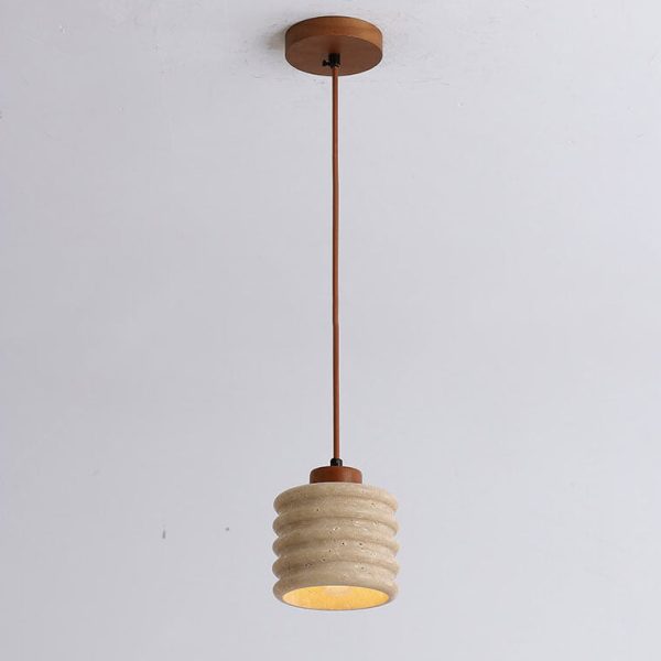 Japanese Wabi-Sabi Yellow Travertine Cylinder Lampshade Wood 1-Light Pendant Light - Image 3