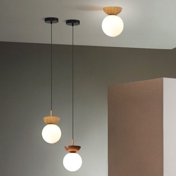 Nordic Japanese Glass Orb Wood Grain Iron 1-Light Ceiling Light - Image 12