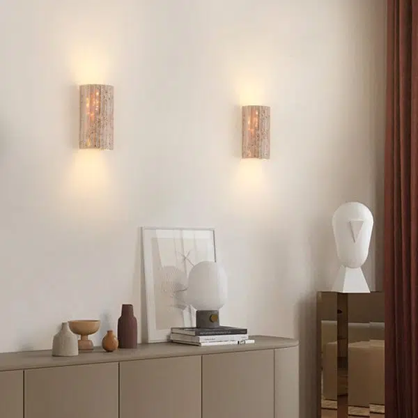 Traditional Japanese Striped Beige Travertine Semicircle LED Waterproof Wall Sconce Lamp For Living Room - Image 7