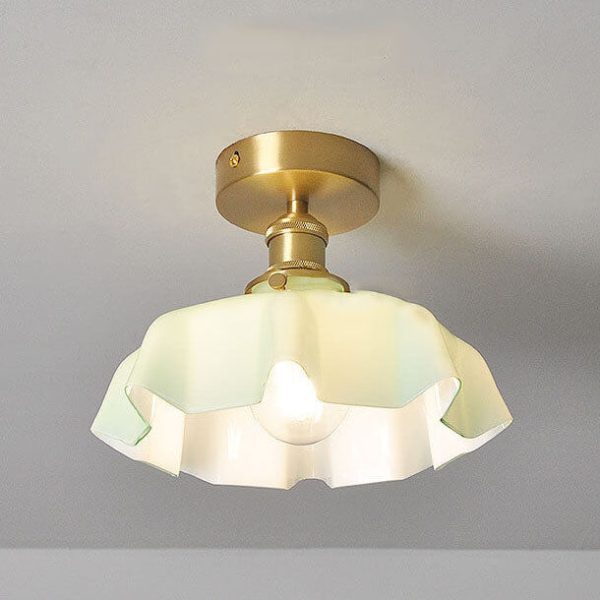 Japanese Vintage Cream Glass Floral Brass 1-Light Semi-Flush Mount Ceiling Light - Image 10