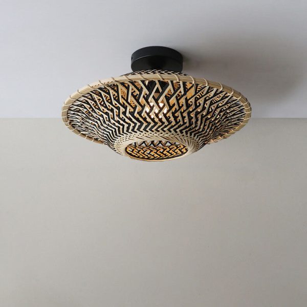 Chinese Zen Bamboo Weaving Flying Saucer Shape 1-Light Semi-Flush Mount Ceiling Light - Image 5